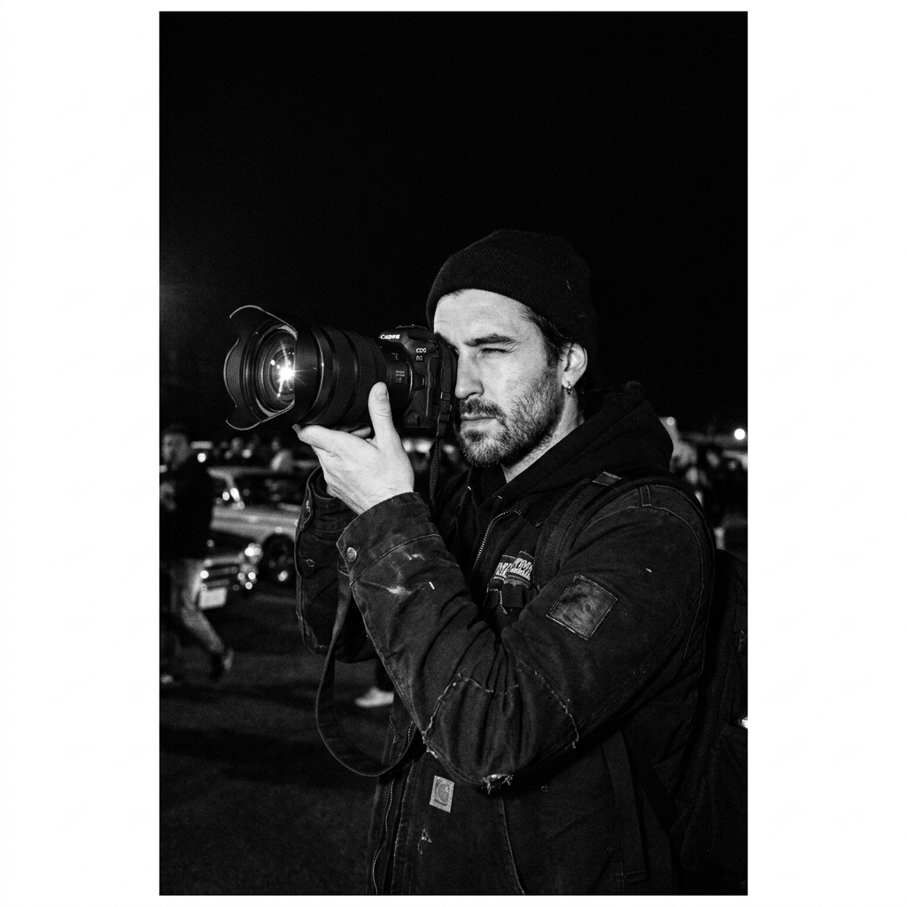 Photographer at a nighttime automotive event